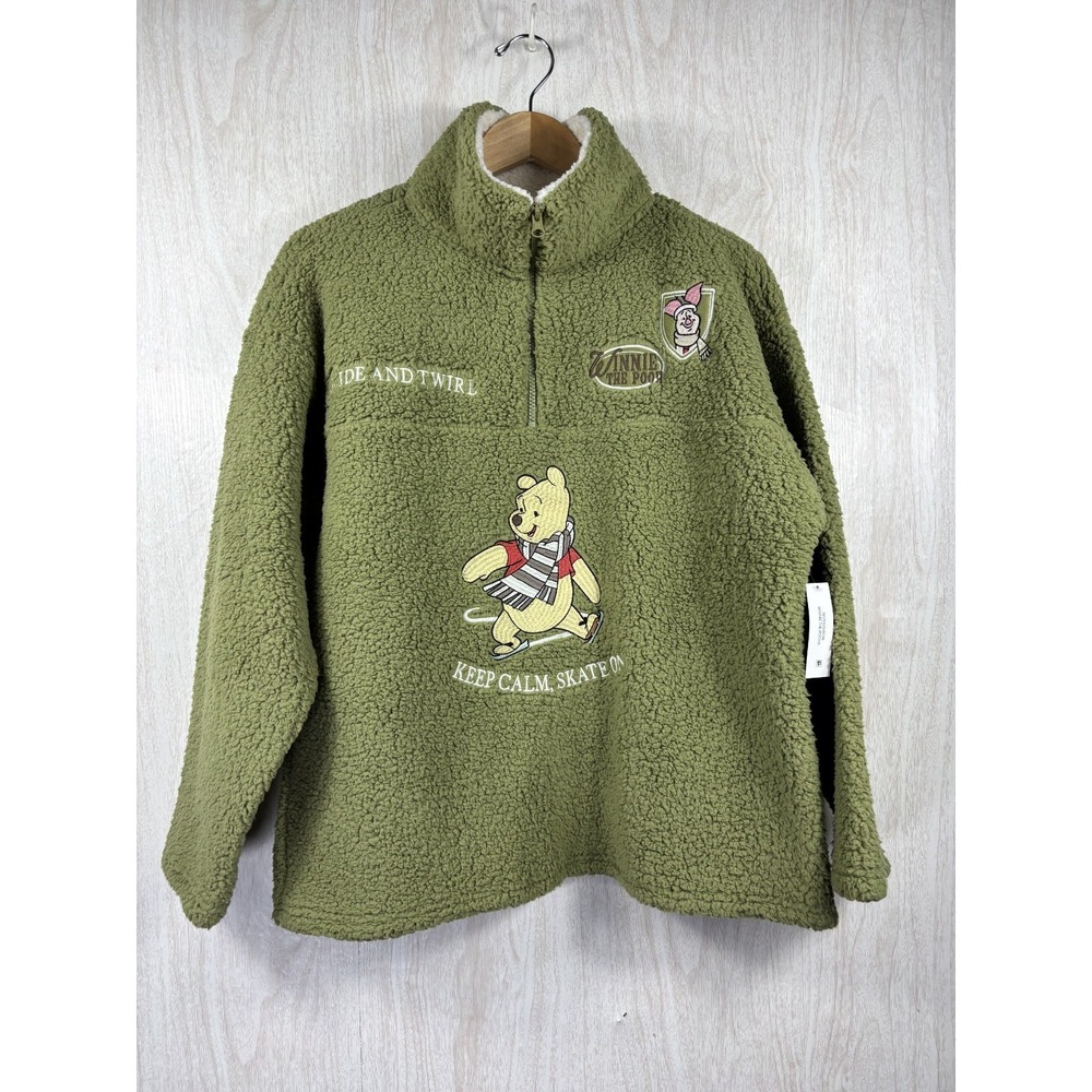 Disney Winnie The Pooh Sherpa Pullover Womens L Green Quarter Zip Fleece NWT